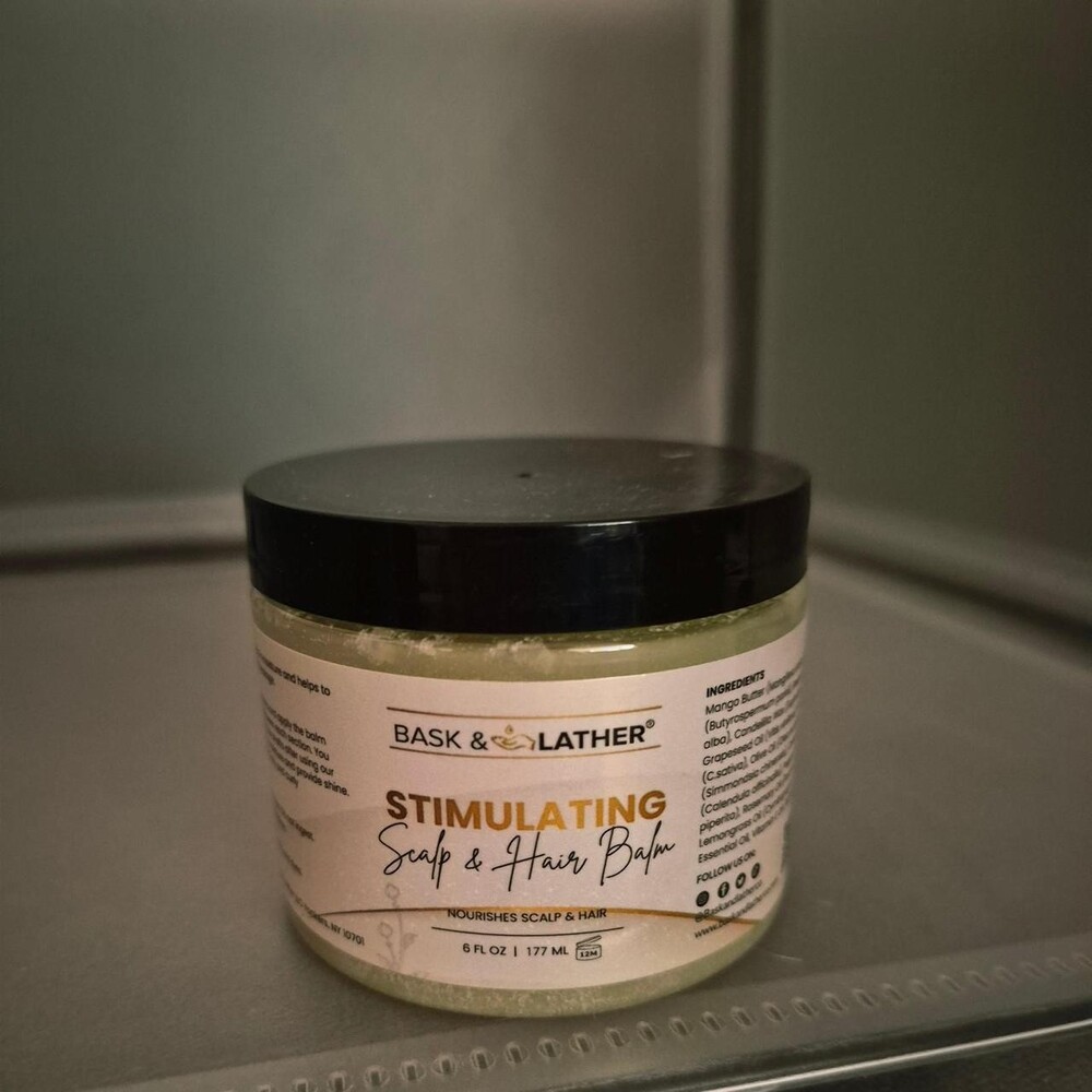 Bask & Lather stimulating scalp & hair balm in a 6 fl oz jar #scalphealth #hairc